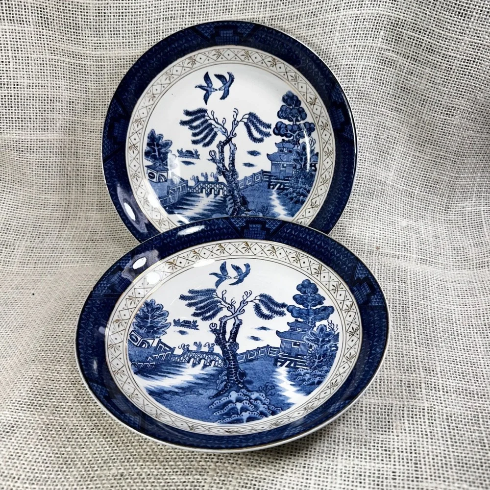 Vintage Occupied Japan Ironstone Blue Willow Rim Soup Bowl Pair 7.5in Blue White